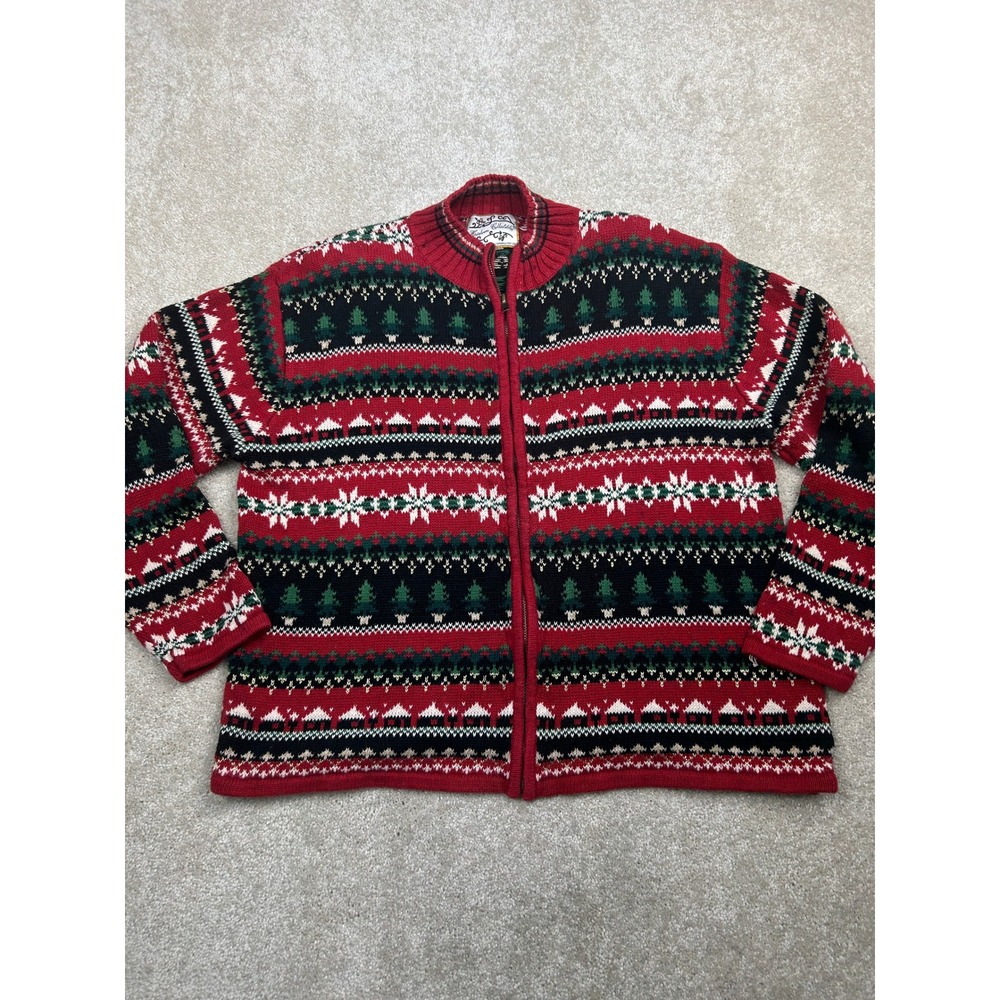 Heirloom Collectibles Fair Isle Zip Sweater XL Red Christmas Tree Holiday Retro